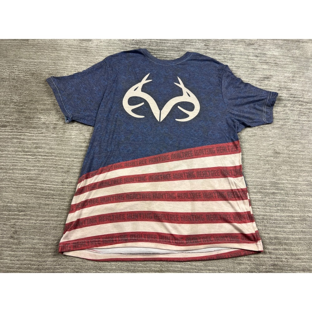 Realtree T-Shirt Mens Large Blue American Flag Antler Logo Graphic Patriotic Tee